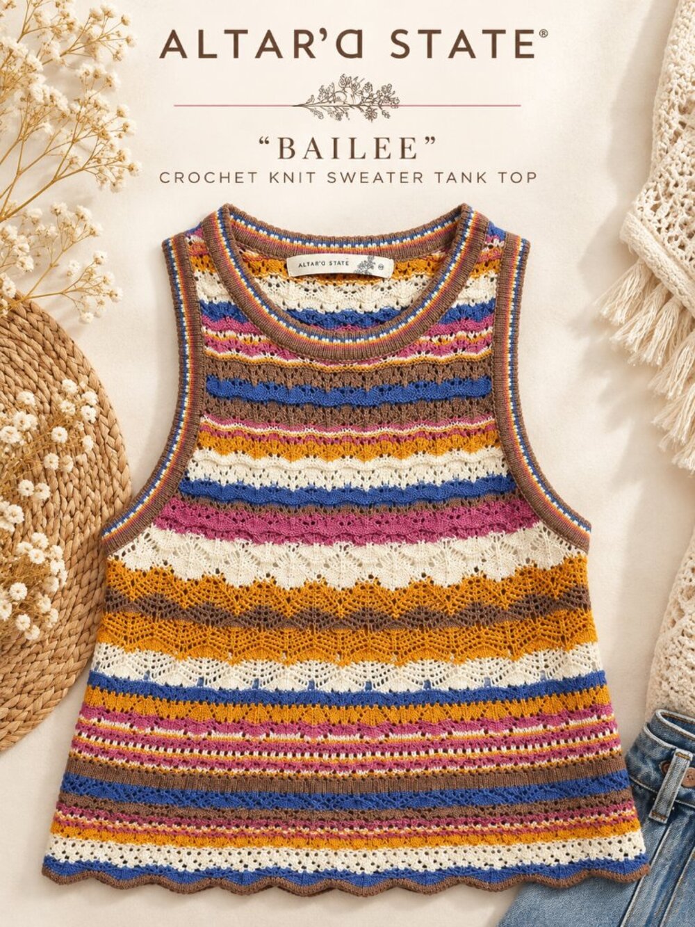 Altar'd State "Bailee" Striped Crochet Knit Sweater Tank Top